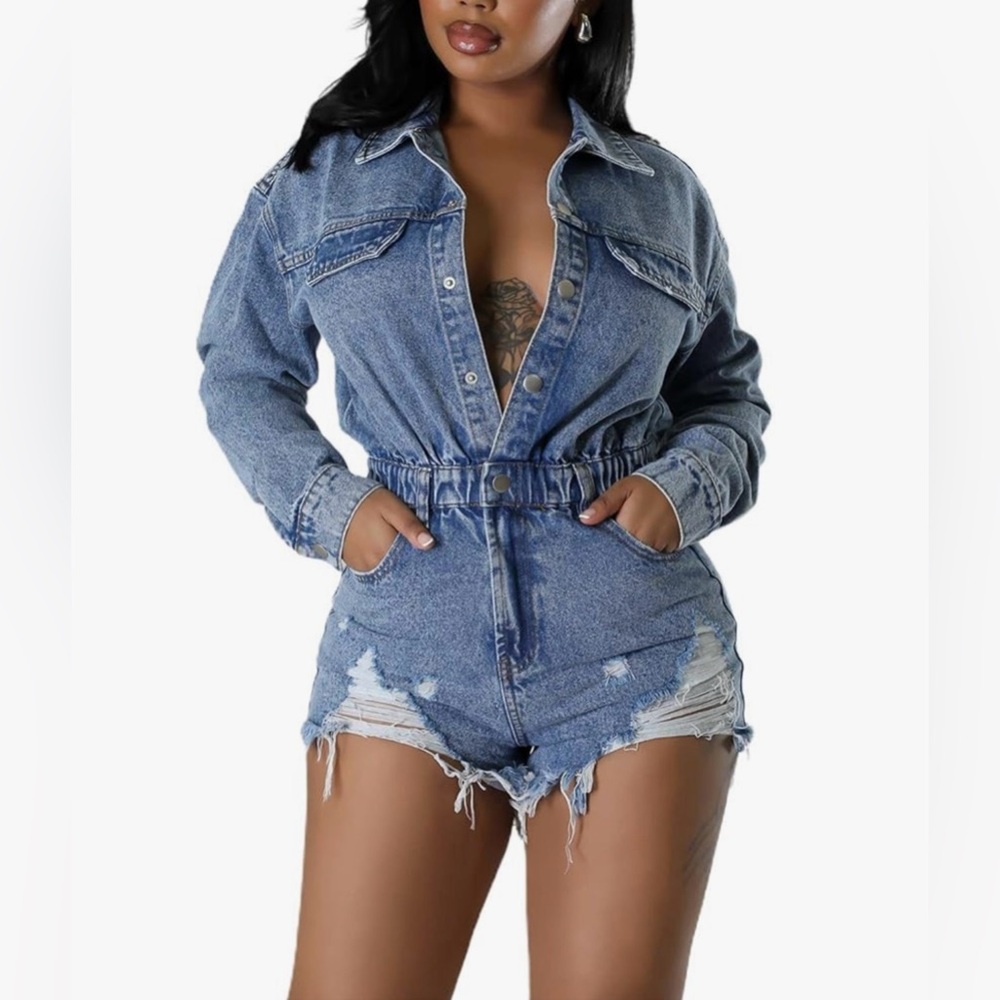 🆕 Denim Button-Up Romper - Picture 3 of 8